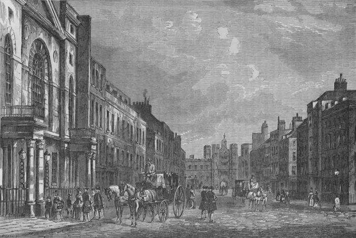 Framed Print : St Jamess Street, Westminster, London, in 1750, c1800 (1878) Framed Print : St Jamess Street, Westminster, London, in 1750, c1800 (1878)