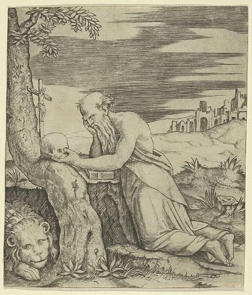 St Jerome kneeling before a crucifix, a skull in his left hand, a lion laying at... ca. 1500-1527. Creator: Marcantonio Raimondi