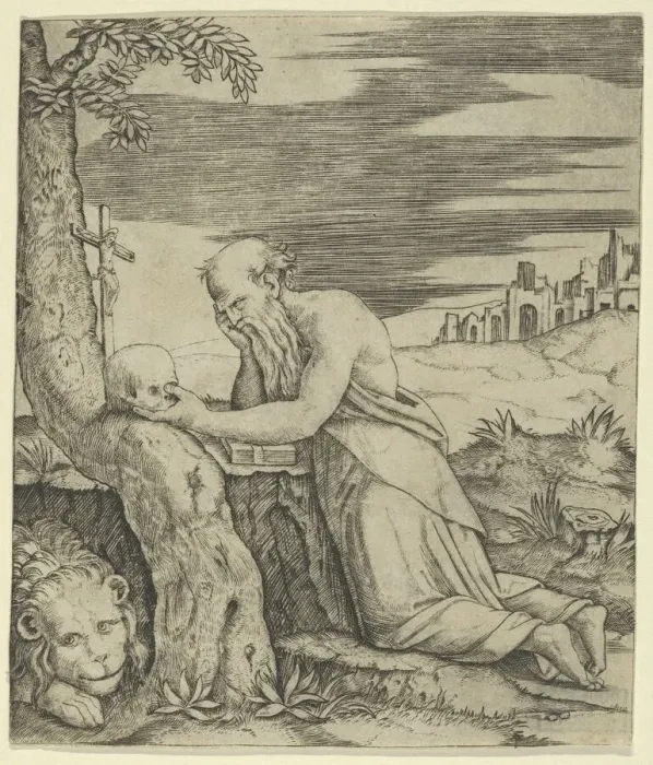 Framed Print : St Jerome kneeling before a crucifix, a skull in his left hand, a lion laying at... ca. 1500-1527. Creator: Marcantonio Raimondi Framed Print : St Jerome kneeling before a crucifix, a skull in his left hand, a lion laying at... ca. 1500-1527. Creator: Marcantonio Raimondi