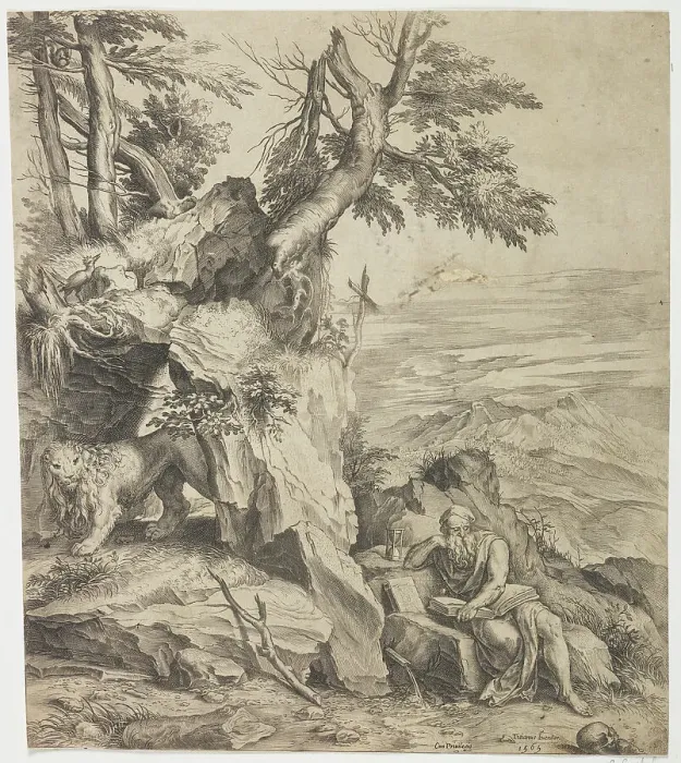 Framed Print : St Jerome reading in the desert, 1565. Creator: Cornelis Cort Framed Print : St Jerome reading in the desert, 1565. Creator: Cornelis Cort
