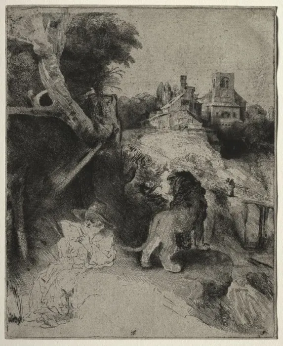 Framed Print : St. Jerome Reading in an Italian Landscape, c. 1653. Creator: Rembrandt van Rijn (Dutch Framed Print : St. Jerome Reading in an Italian Landscape, c. 1653. Creator: Rembrandt van Rijn (Dutch
