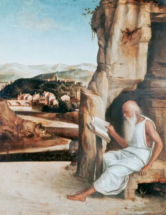 Framed Print : St Jerome Reading in a Landscape, c1450-1516. Artist: Giovanni Bellini Framed Print : St Jerome Reading in a Landscape, c1450-1516. Artist: Giovanni Bellini