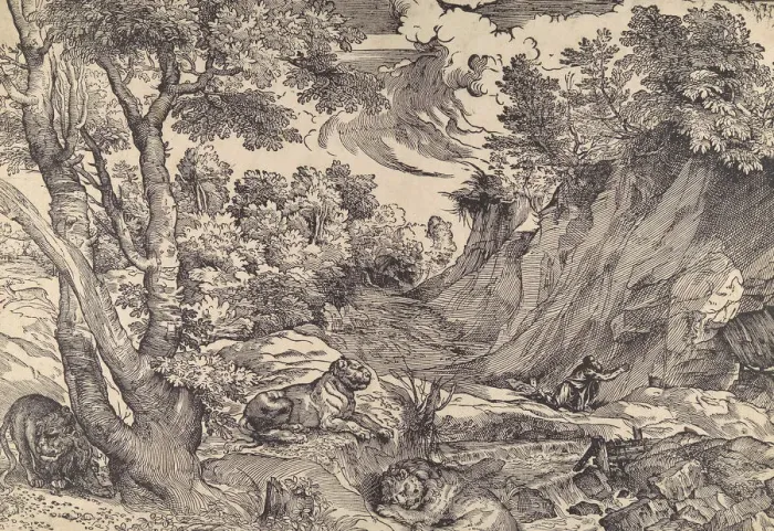Framed Print : St. Jerome in the Wilderness, mid-16th century. mid-16th century. Creator: Attributed to Nicolo Boldrini Framed Print : St. Jerome in the Wilderness, mid-16th century. mid-16th century. Creator: Attributed to Nicolo Boldrini