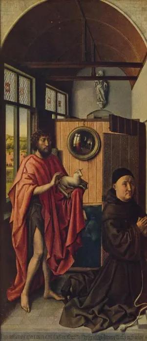 Framed Print : St. John the Baptist and the Franciscan master Henry of Werl, 1438, (c1934). Artist: Robert Campin Framed Print : St. John the Baptist and the Franciscan master Henry of Werl, 1438, (c1934). Artist: Robert Campin
