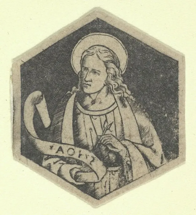Framed Print : St John the Evangelist, holding a banderole (possibly a modern impression), ca. 1480-1520. Creator: Anon Framed Print : St John the Evangelist, holding a banderole (possibly a modern impression), ca. 1480-1520. Creator: Anon
