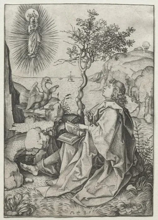Framed Print : St. John the Evangelist on the Isle of Patmos. Creator: Martin Schongauer (German, c Framed Print : St. John the Evangelist on the Isle of Patmos. Creator: Martin Schongauer (German, c