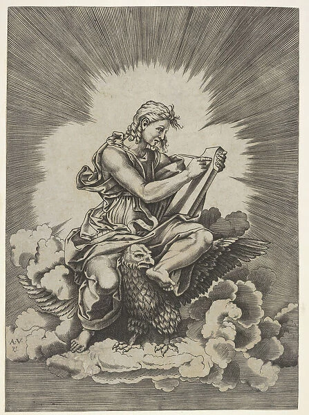 St. John, seated and holding a writing instrument to a tablet, an eagle with outstre
