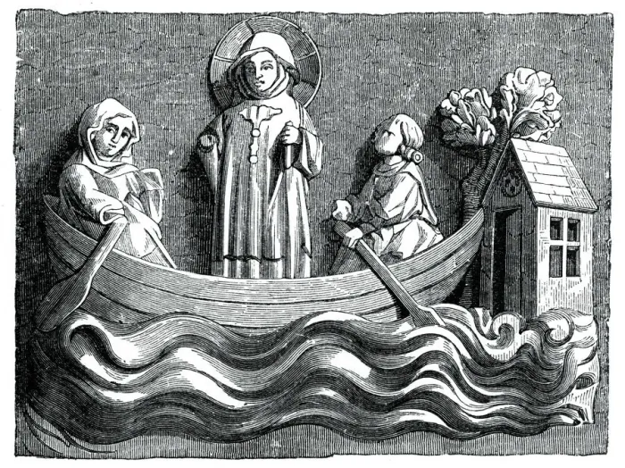 Framed Print : St Julian and St Basilissa, his wife, conveying Christ in their boat, 13th century (1870) Framed Print : St Julian and St Basilissa, his wife, conveying Christ in their boat, 13th century (1870)