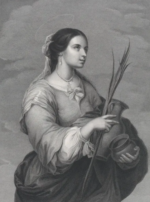 Framed Print : St Justa, three-quarter length, turned to right, holding two pots and a palm, 1840-1860 Framed Print : St Justa, three-quarter length, turned to right, holding two pots and a palm, 1840-1860