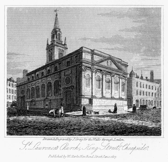 Framed Print : St Laurences Church, King Street, Cheapside, City of London, 1817. Artist: J Greig Framed Print : St Laurences Church, King Street, Cheapside, City of London, 1817. Artist: J Greig