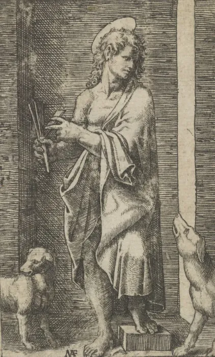 Framed Print : St Lazarus flanked by two dogs, from the series Piccoli Santi (Small Saints), c... ca Framed Print : St Lazarus flanked by two dogs, from the series Piccoli Santi (Small Saints), c... ca