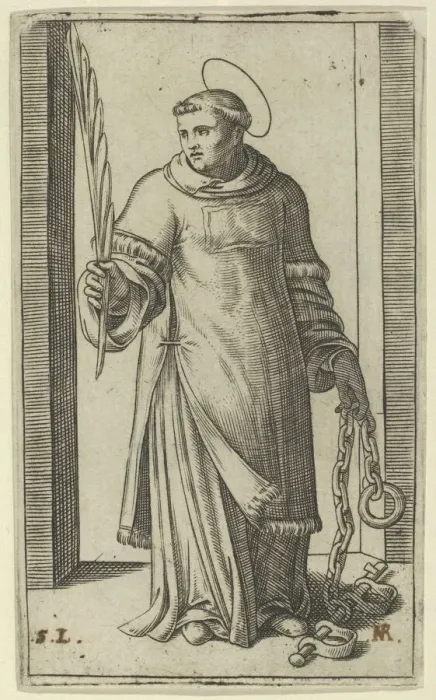 Framed Print : St Leonard standing holding a palm in his right hand and chains in his left, from... ca. 1500-1527. Creator: Marcantonio Raimondi Framed Print : St Leonard standing holding a palm in his right hand and chains in his left, from... ca. 1500-1527. Creator: Marcantonio Raimondi