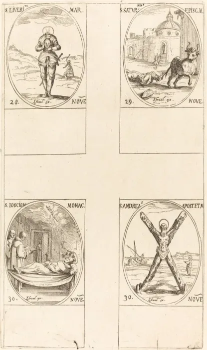 Framed Print : St. Liverius; St. Saturninus; St. T(I?)oscion; St. Andrew. Creator: Jacques Callot Framed Print : St. Liverius; St. Saturninus; St. T(I?)oscion; St. Andrew. Creator: Jacques Callot