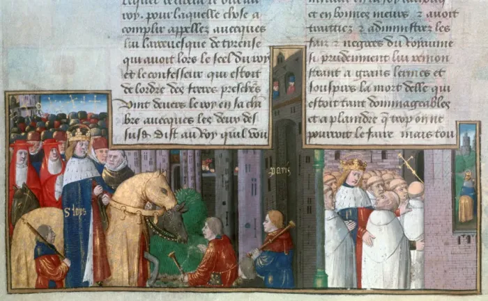 Framed Print : St Louis returns to Paris, and St Louis among the priests, mid-13th century, (15th century) Framed Print : St Louis returns to Paris, and St Louis among the priests, mid-13th century, (15th century)