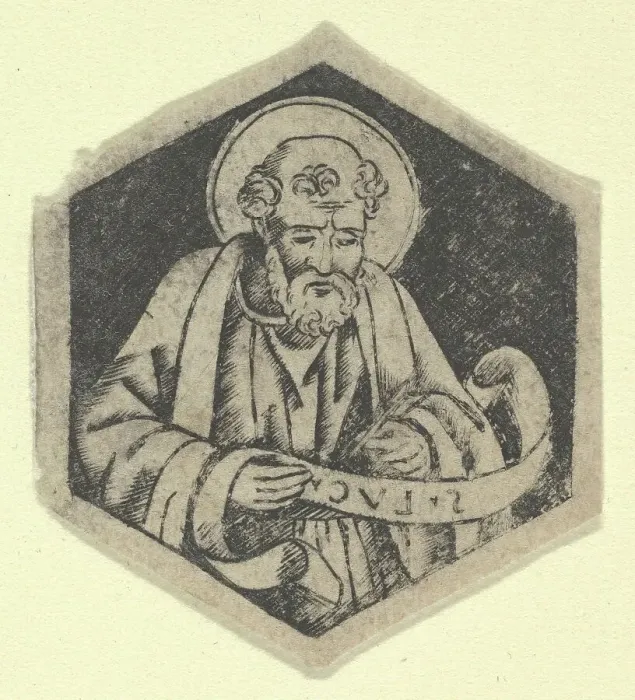 Framed Print : St Luke the Evangelist, holding a banderole (possibly a modern impression), ca.. 1480-1520. Creator: Anon Framed Print : St Luke the Evangelist, holding a banderole (possibly a modern impression), ca.. 1480-1520. Creator: Anon