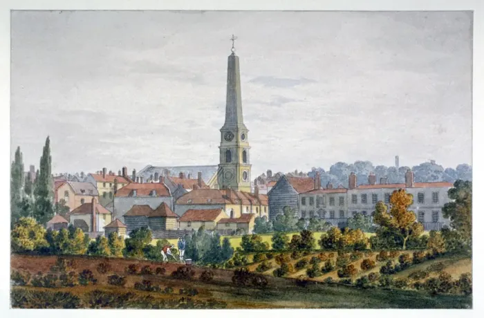 Framed Print : St Lukes Church, Old Street, Finsbury, London, c1810 Framed Print : St Lukes Church, Old Street, Finsbury, London, c1810