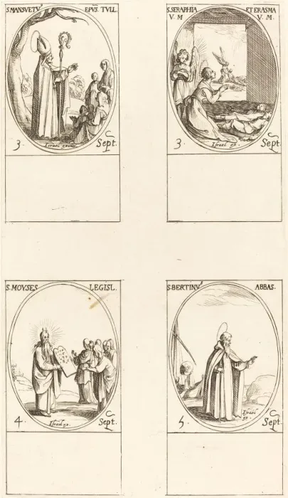 Framed Print : St. Mansuetus; Sts. Serapia and Erasma; Moses; St. Bertin, Abbot. Creator: Jacques Callot Framed Print : St. Mansuetus; Sts. Serapia and Erasma; Moses; St. Bertin, Abbot. Creator: Jacques Callot