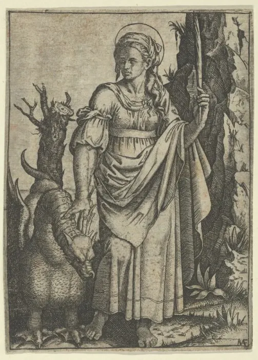 Framed Print : St Margaret holding a palm in her raised left hand, a dragon at her right, ca. 15... Creator: Marcantonio Raimondi Framed Print : St Margaret holding a palm in her raised left hand, a dragon at her right, ca. 15... Creator: Marcantonio Raimondi