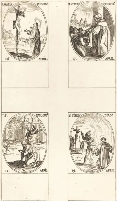Framed Print : St. Maria Doloru; St. Stephen, Abbot; St. Apoloni; St. Timon. Creator: Jacques Callot Framed Print : St. Maria Doloru; St. Stephen, Abbot; St. Apoloni; St. Timon. Creator: Jacques Callot