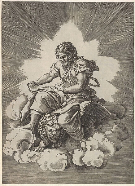 St. Mark, seated with an unfurled scroll in his hands, a winged lions head and fore