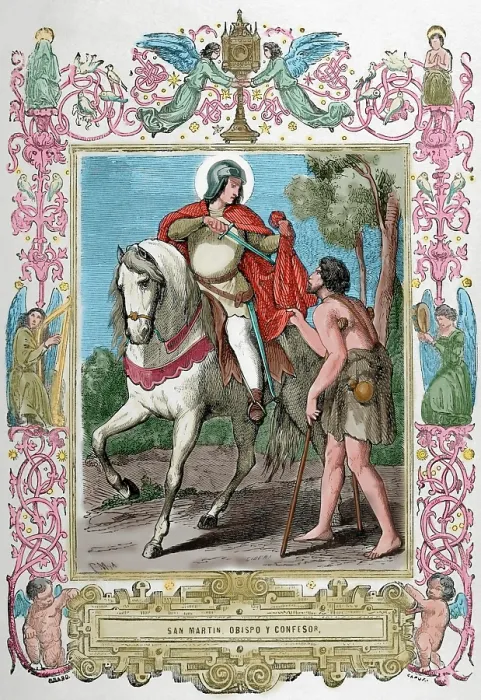 Framed Print : St Martin of Braga (520-589) sharing his cloak with a beggar, 1853. Creator: Cibera