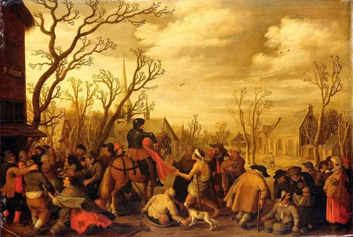 Framed Print : St Martin Cutting Off Part of his Cloak for a Beggar, 1623. Creator: Joost Cornelisz Droochsloot Framed Print : St Martin Cutting Off Part of his Cloak for a Beggar, 1623. Creator: Joost Cornelisz Droochsloot