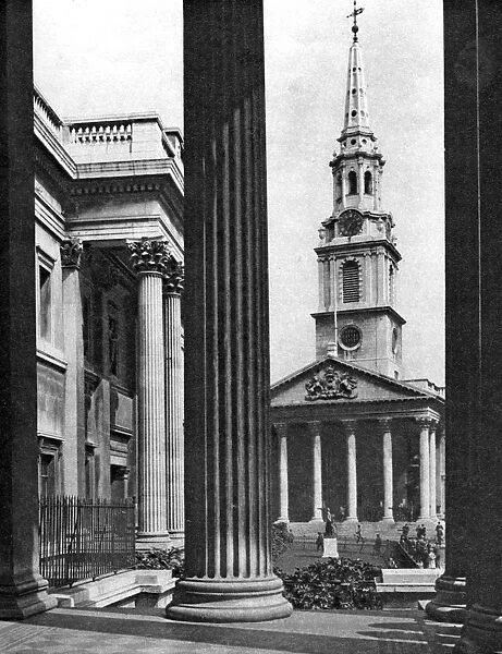 St Martin-in-the-Fields seen between the columns of the National Gallery, London, 1926-1927. Artist: McLeish