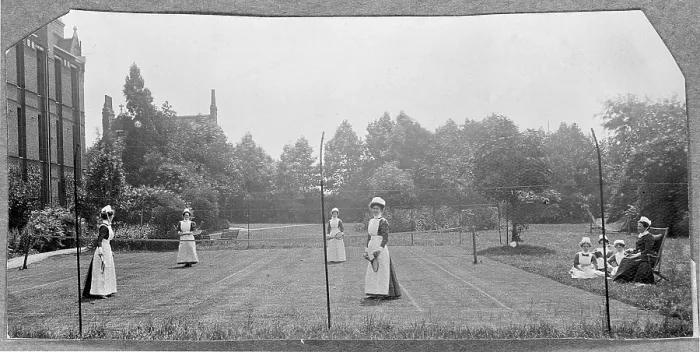Framed Print : St Marylebone Infirmary, London: nurses playing tennis, 1906 (1912). Creator: Unknown Framed Print : St Marylebone Infirmary, London: nurses playing tennis, 1906 (1912). Creator: Unknown