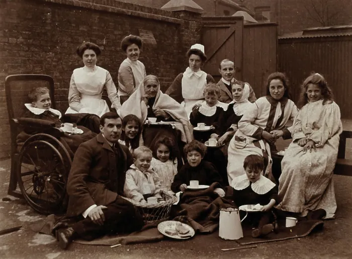 Framed Print : St Mary's Hospital, Plaistow: Basil Hood and Robert Archibald with patients and nurses... 1904 Framed Print : St Mary's Hospital, Plaistow: Basil Hood and Robert Archibald with patients and nurses... 1904