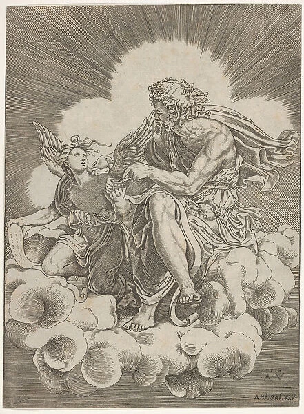 St. Matthew, seated on a cloud and dipping a quill into an inkwell held by an angel