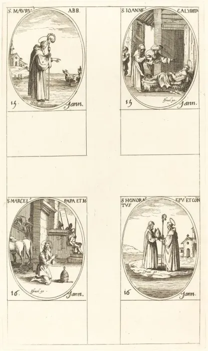Framed Print : St. Maurus; St. John Calybite; St. Marcellus; St. Honoratus. Creator: Jacques Callot Framed Print : St. Maurus; St. John Calybite; St. Marcellus; St. Honoratus. Creator: Jacques Callot