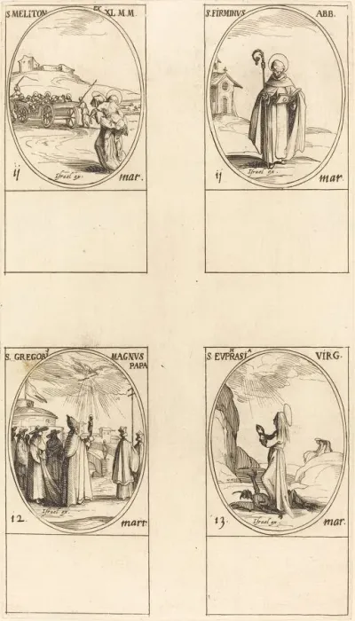 Framed Print : St. Meliton; St. Firminus; St. Gregory the Great; St. Euphrasia. Creator: Jacques Callot Framed Print : St. Meliton; St. Firminus; St. Gregory the Great; St. Euphrasia. Creator: Jacques Callot