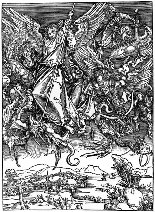 Framed Print : St Michael Battling with the Dragon, 1498, (1936). Artist: Albrecht Durer Framed Print : St Michael Battling with the Dragon, 1498, (1936). Artist: Albrecht Durer