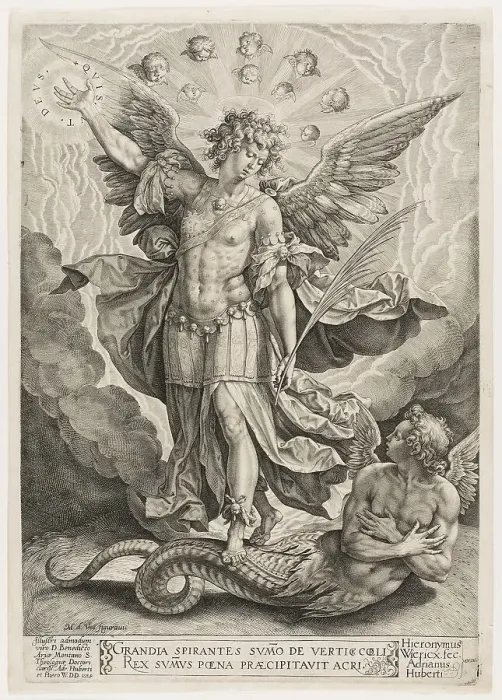 Framed Print : St Michael Triumphing Over the Dragon, 1584. Creator: Jan Wierix Framed Print : St Michael Triumphing Over the Dragon, 1584. Creator: Jan Wierix