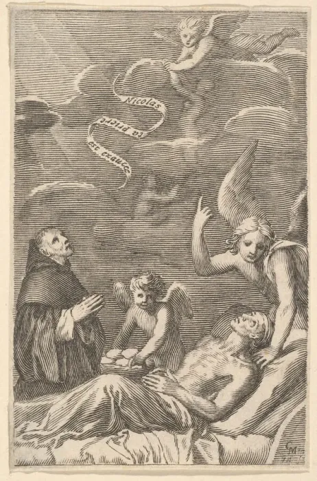 Framed Print : St. Nicolas Praying for a Dying Man. Creator: Claude Mellan