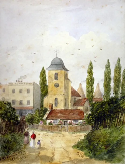 Framed Print : St Pancras Old Church and the Adam and Eve Tavern, London, 1830. Artist Framed Print : St Pancras Old Church and the Adam and Eve Tavern, London, 1830. Artist