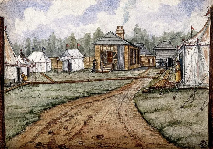 Framed Print : St Pancras Smallpox Hospital, London: housed in a tented camp at Finchley, 1881. Creator: Frank Collins Framed Print : St Pancras Smallpox Hospital, London: housed in a tented camp at Finchley, 1881. Creator: Frank Collins