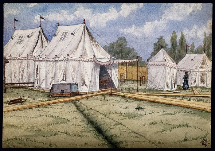 Framed Print : St Pancras Smallpox Hospital, London: housed in a tented camp at Finchley, 1881. Creator: Frank Collins Framed Print : St Pancras Smallpox Hospital, London: housed in a tented camp at Finchley, 1881. Creator: Frank Collins