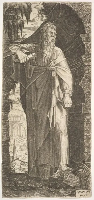 Framed Print : St. Paul standing under an overgrown arch, his left foot poised upon a rock Framed Print : St. Paul standing under an overgrown arch, his left foot poised upon a rock