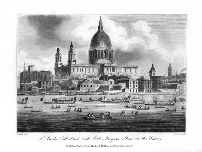 Framed Print : St Pauls Cathedral, with the Lord Mayors Show on the Water, London, 1804. Artist: Newton Framed Print : St Pauls Cathedral, with the Lord Mayors Show on the Water, London, 1804. Artist: Newton