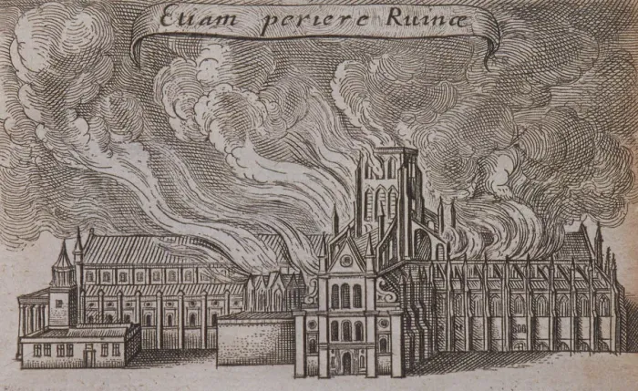 Framed Print : St Pauls Cathedral (old), London, on fire, 1666. Artist: Wenceslaus Hollar Framed Print : St Pauls Cathedral (old), London, on fire, 1666. Artist: Wenceslaus Hollar