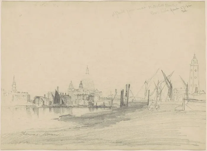 Framed Print : St. Paul's from Under Waterloo Bridge, Low Tide, 1862. Creator: Thomas Moran Framed Print : St. Paul's from Under Waterloo Bridge, Low Tide, 1862. Creator: Thomas Moran
