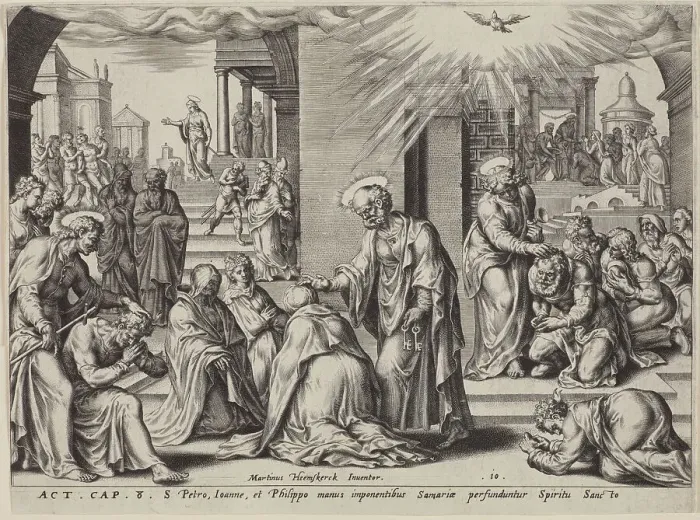 Framed Print : St Peter, St John and St Philip Laying Their Hands on the Baptised at Samaria. From: The Acts of The Creator: Philip Galle Framed Print : St Peter, St John and St Philip Laying Their Hands on the Baptised at Samaria. From: The Acts of The Creator: Philip Galle