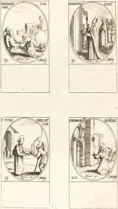 Framed Print : St. Potentiana; St. Dunstan; St. Yvo; St. Bernardinus of Siena. Creator: Jacques Callot Framed Print : St. Potentiana; St. Dunstan; St. Yvo; St. Bernardinus of Siena. Creator: Jacques Callot