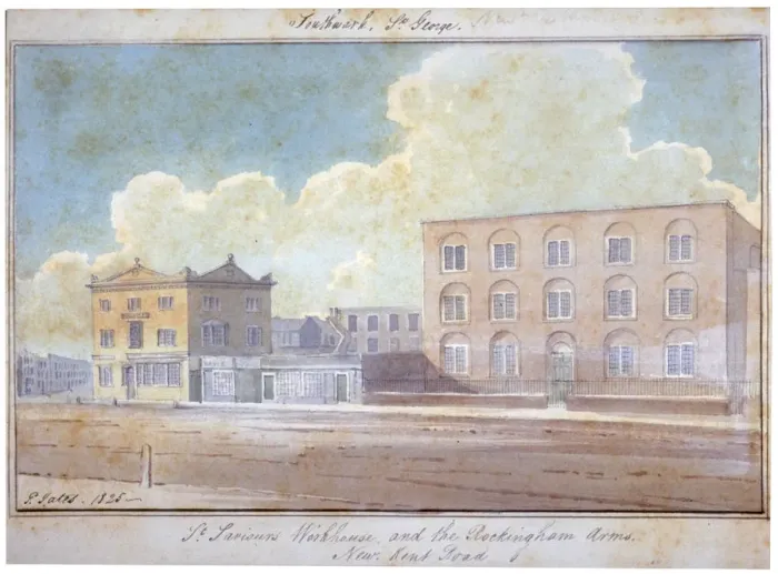 Framed Print : St Saviours workhouse and the Rockingham Arms Inn, New Kent Road, Southwark, London, 1825 Framed Print : St Saviours workhouse and the Rockingham Arms Inn, New Kent Road, Southwark, London, 1825