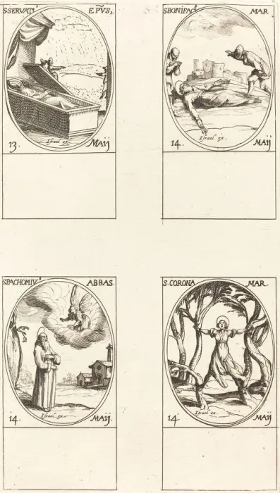 Framed Print : St. Servatius; St. Boniface; St. Pachomius; St. Corona. Creator: Jacques Callot Framed Print : St. Servatius; St. Boniface; St. Pachomius; St. Corona. Creator: Jacques Callot