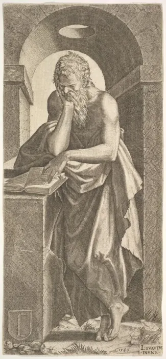 Framed Print : St. Simon standing before an open book with the fingers of his left hand pressed onto Framed Print : St. Simon standing before an open book with the fingers of his left hand pressed onto
