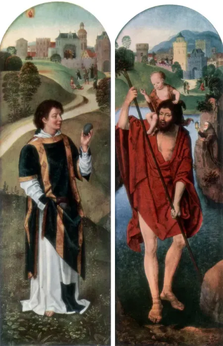 Framed Print : St Stephen and St Christopher, (1927). Artist: Hans Memling Framed Print : St Stephen and St Christopher, (1927). Artist: Hans Memling