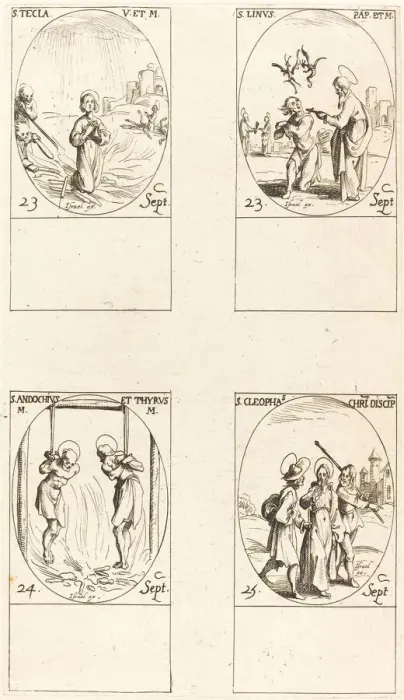 Framed Print : St. Thecla; St. Linus; Sts. Andochius and Thyrsus; St. Cleophas. Creator: Jacques Callot Framed Print : St. Thecla; St. Linus; Sts. Andochius and Thyrsus; St. Cleophas. Creator: Jacques Callot