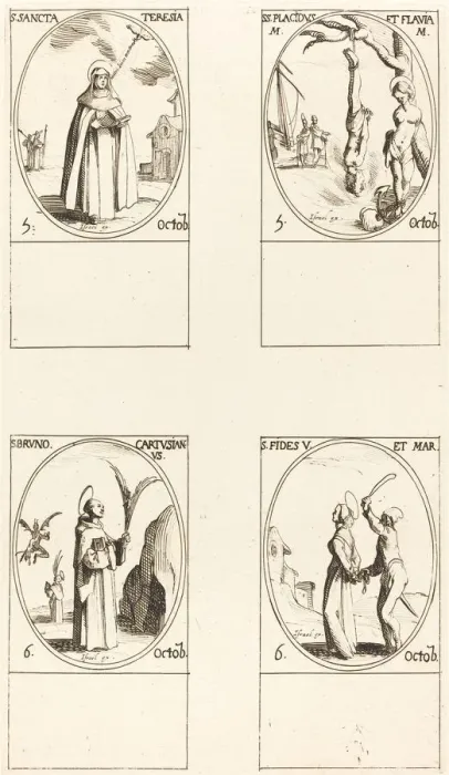 Framed Print : St. Theresa; St. Placidus and Flavia; St. Bruno; St. Faith. Creator: Jacques Callot Framed Print : St. Theresa; St. Placidus and Flavia; St. Bruno; St. Faith. Creator: Jacques Callot